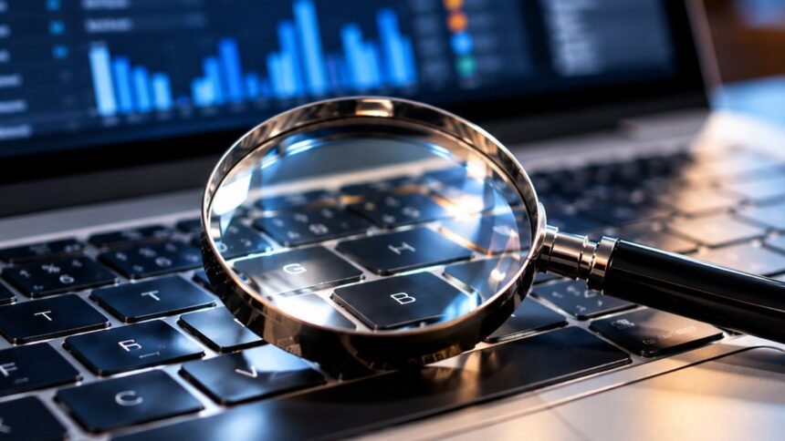 Lupa sobre o teclado de um portátil com gráficos de dados no ecrã