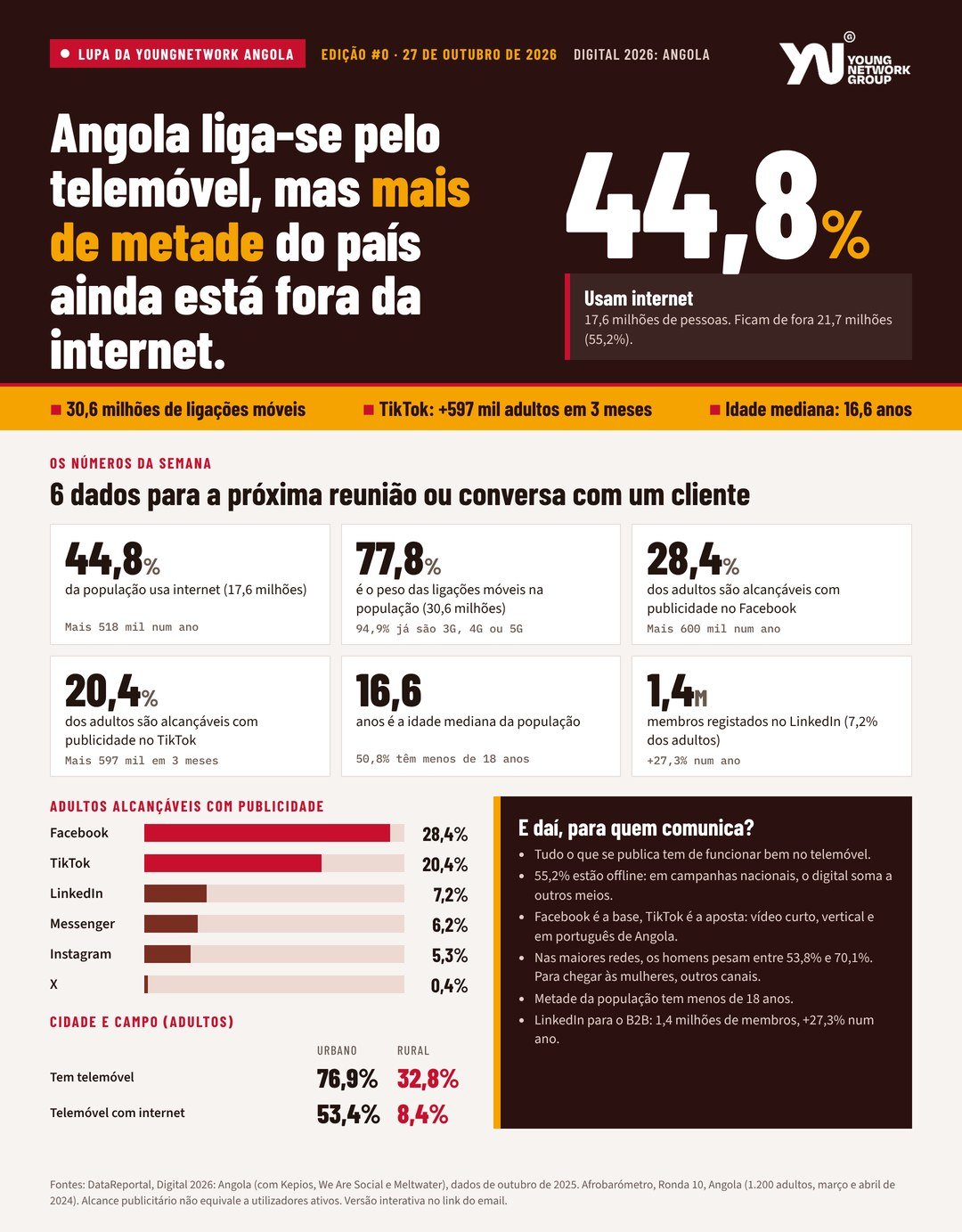 Infografia da Lupa da YoungNetwork Angola com os principais números do digital em Angola
